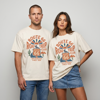 Route 66 Road Trip Club graphic tee featuring a vintage highway shield, desert sunset, cactus, winding road, and Open Roads Since 1926 text.