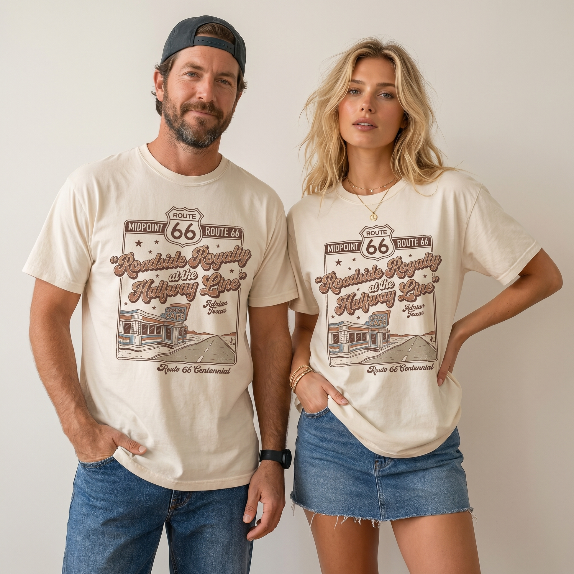 Route 66 Roadside Royalty graphic t-shirt featuring vintage diner, desert road, and Adrian Texas midpoint design.