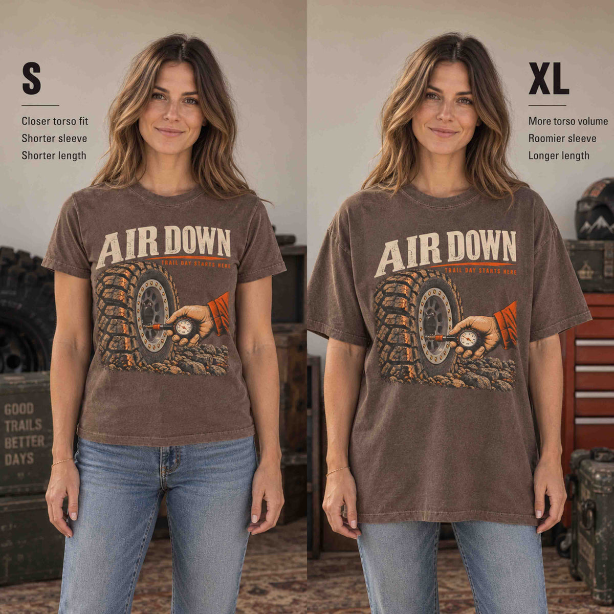 Air Down graphic tee by Being is Good in Espresso, women's Small and XL fit comparison