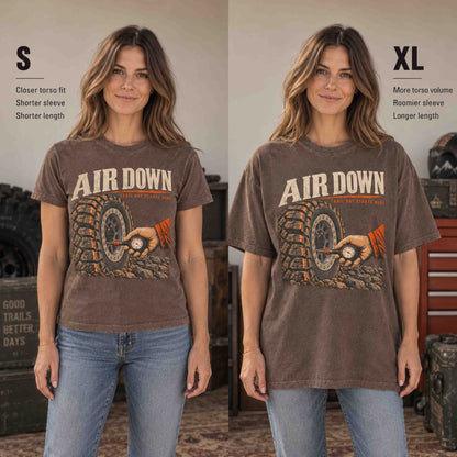 Air Down graphic tee by Being is Good in Espresso, women's Small and XL fit comparison