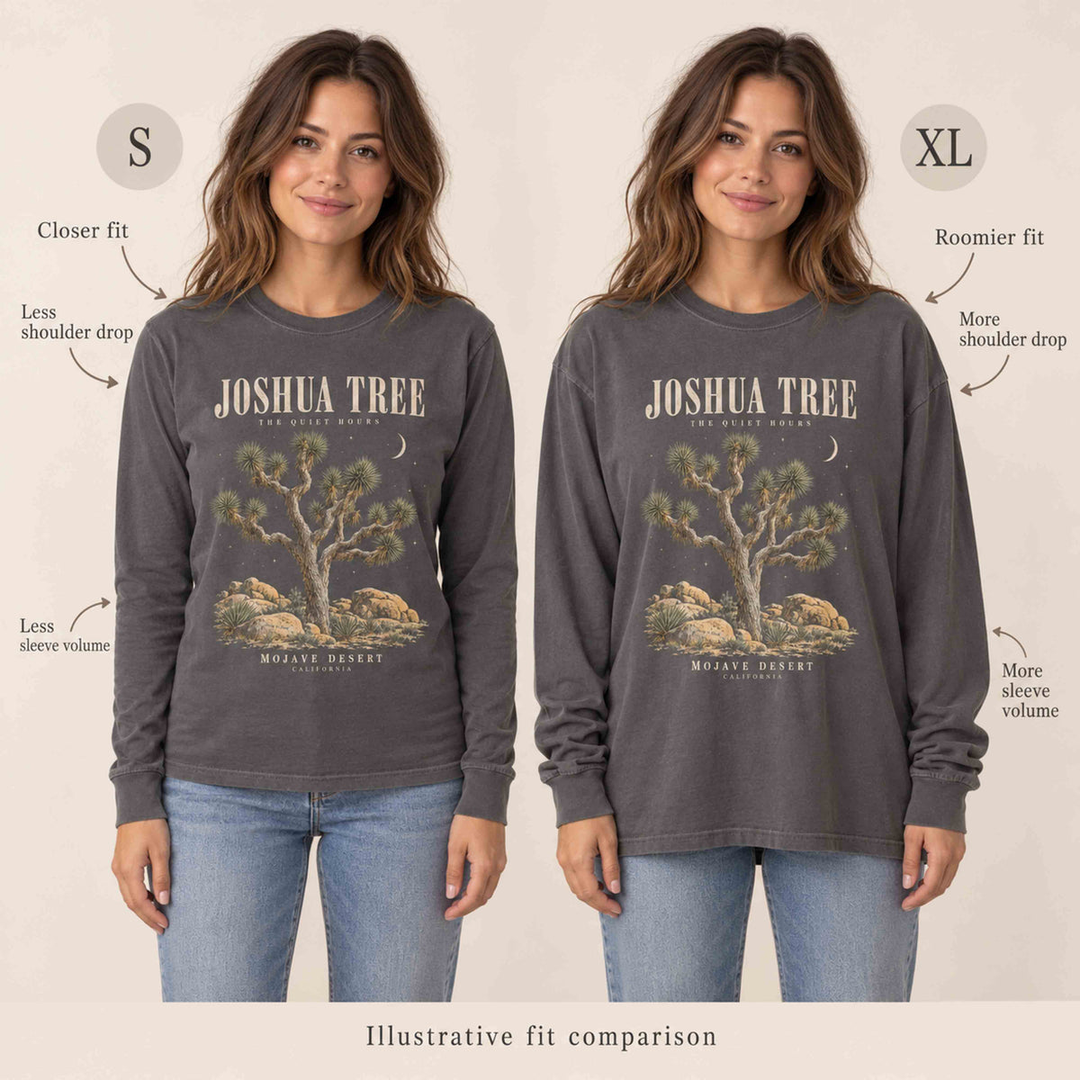 Same woman modeling the Pepper Joshua Tree long sleeve shirt in Small and XL for an illustrative fit comparison.