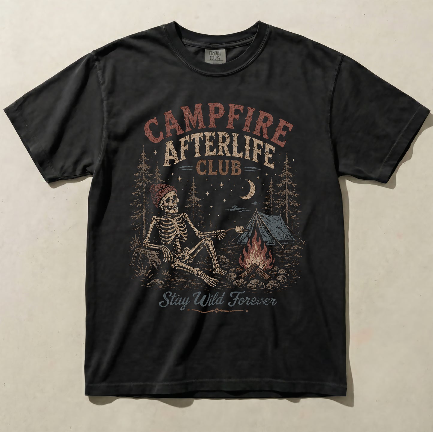Skeleton Campfire Graphic Tee Vintage Outdoor Camping Shirt