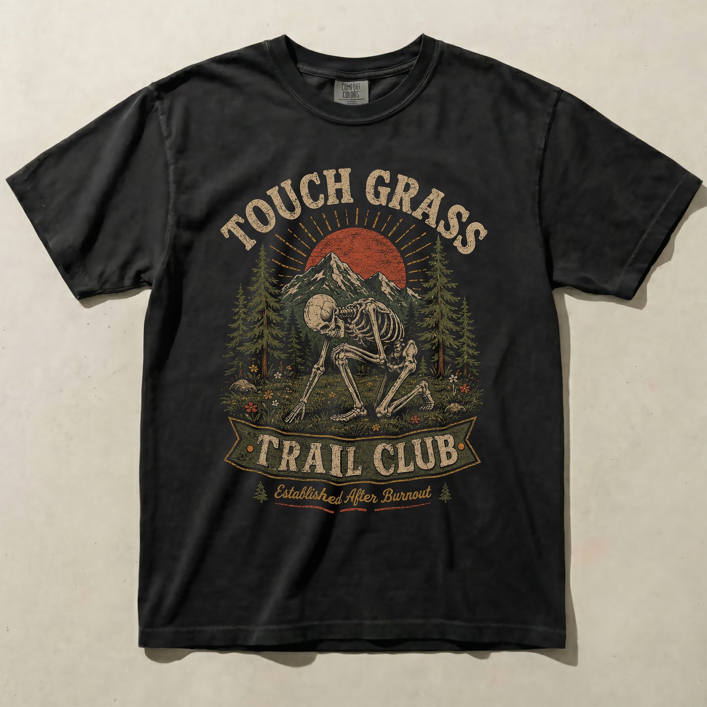 Touch Grass Trail Club Skeleton Graphic Tee | Funny Outdoor Shirt