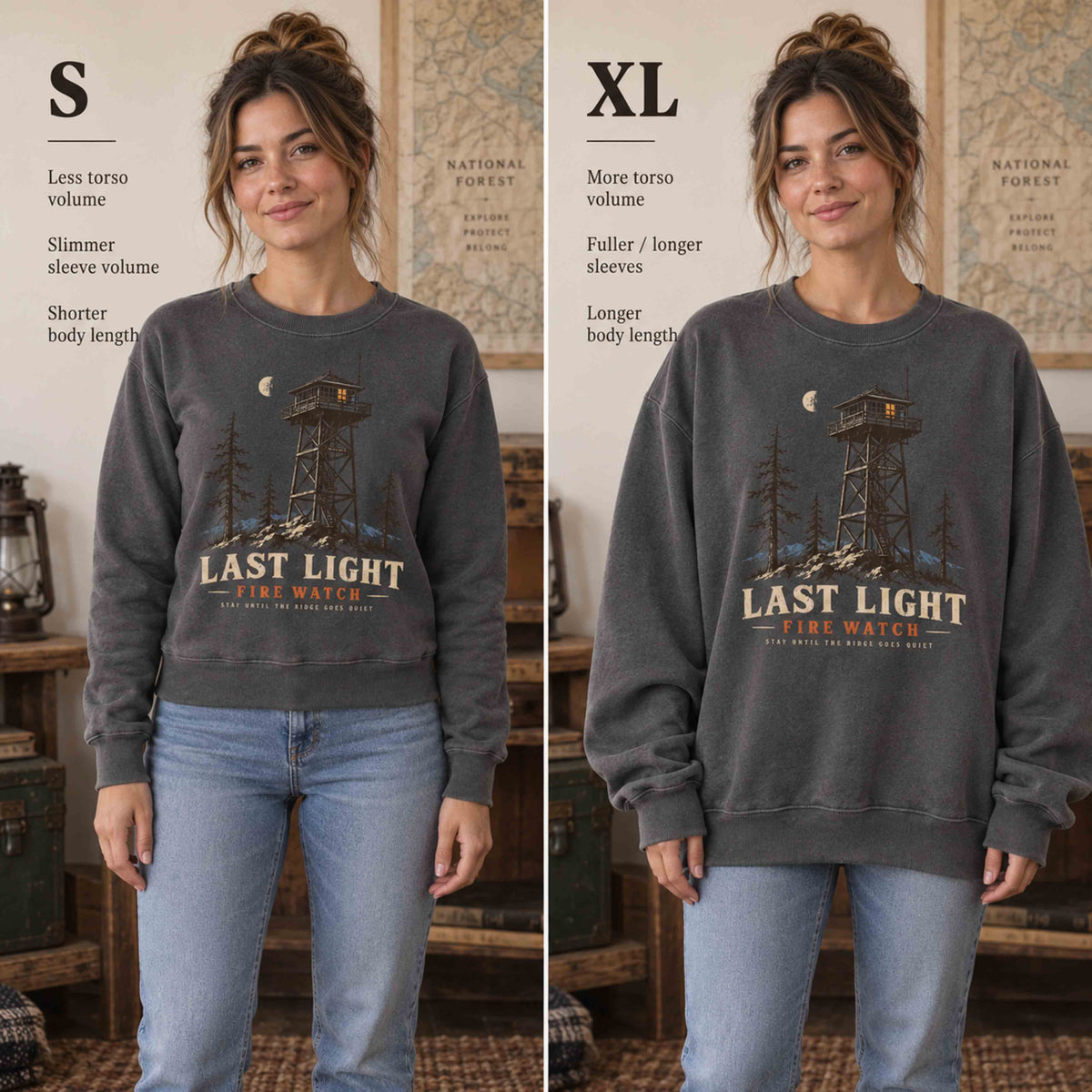 Last Light Fire Watch sweatshirt fit comparison showing Small and oversized XL