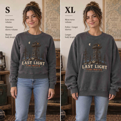 Last Light Fire Watch sweatshirt fit comparison showing Small and oversized XL
