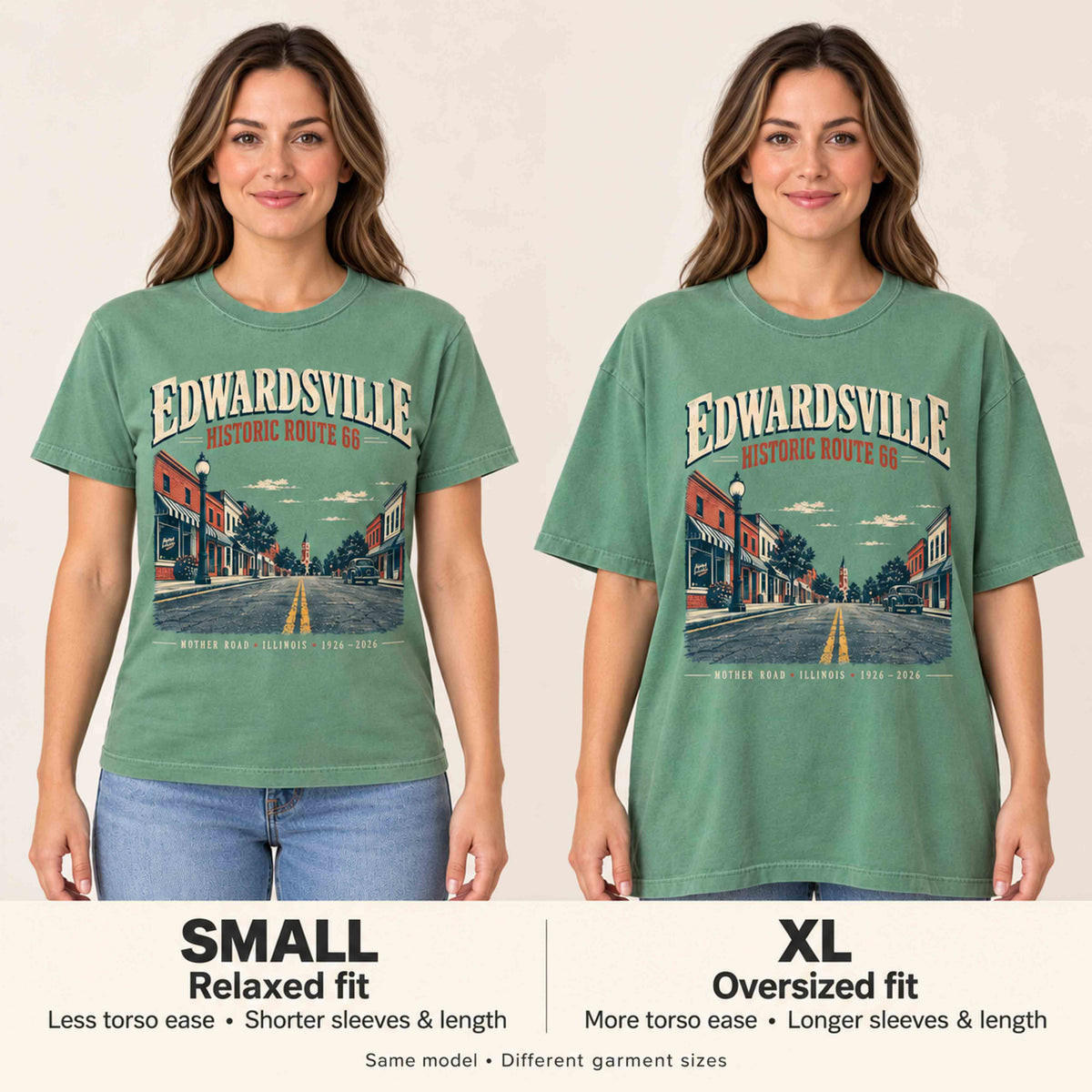 Edwardsville Route 66 graphic tee fit comparison showing Small and XL on the same model