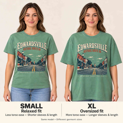 Edwardsville Route 66 graphic tee fit comparison showing Small and XL on the same model