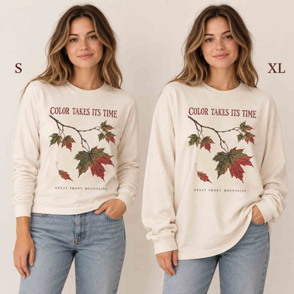 Same model comparing the Ivory long sleeve shirt in sizes S and XL.