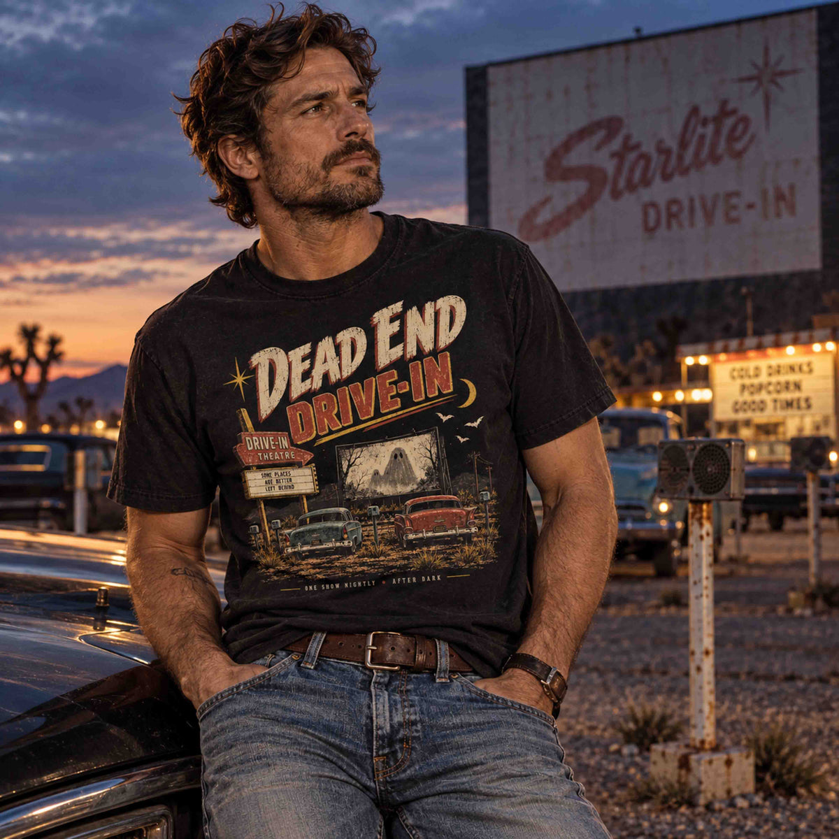 Dead End Drive-In vintage graphic tee inspired by classic American drive-in theater nostalgia