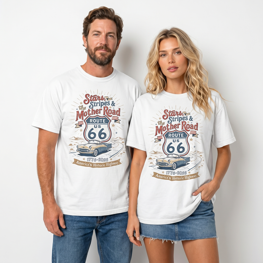 Stars Stripes and the Mother Road Route 66 graphic tee with vintage car, 1776 2026 America 250 anniversary artwork.