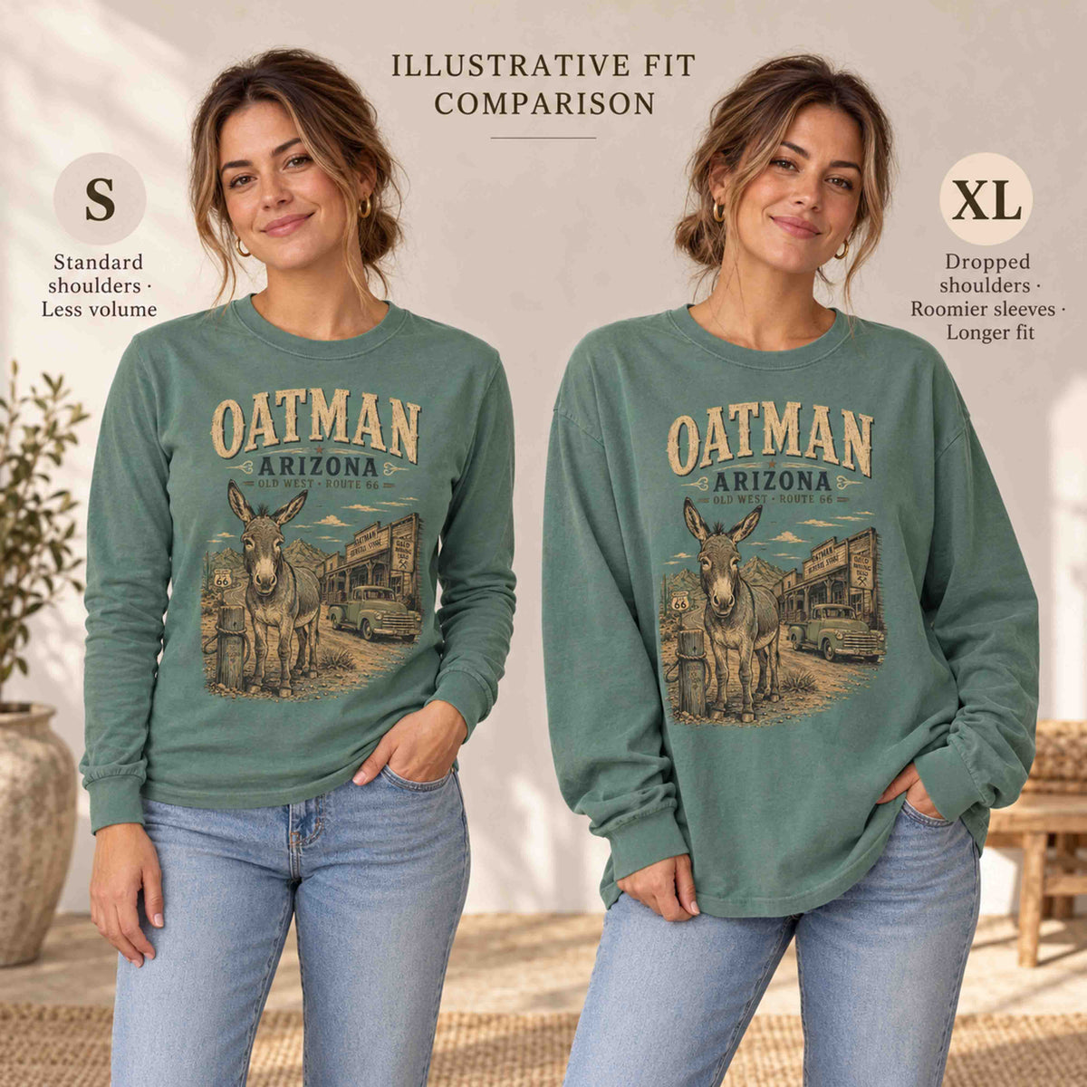 Illustrative S versus XL fit comparison of the Light Green Oatman long sleeve tee on a woman, showing shoulder, sleeve and length differences.