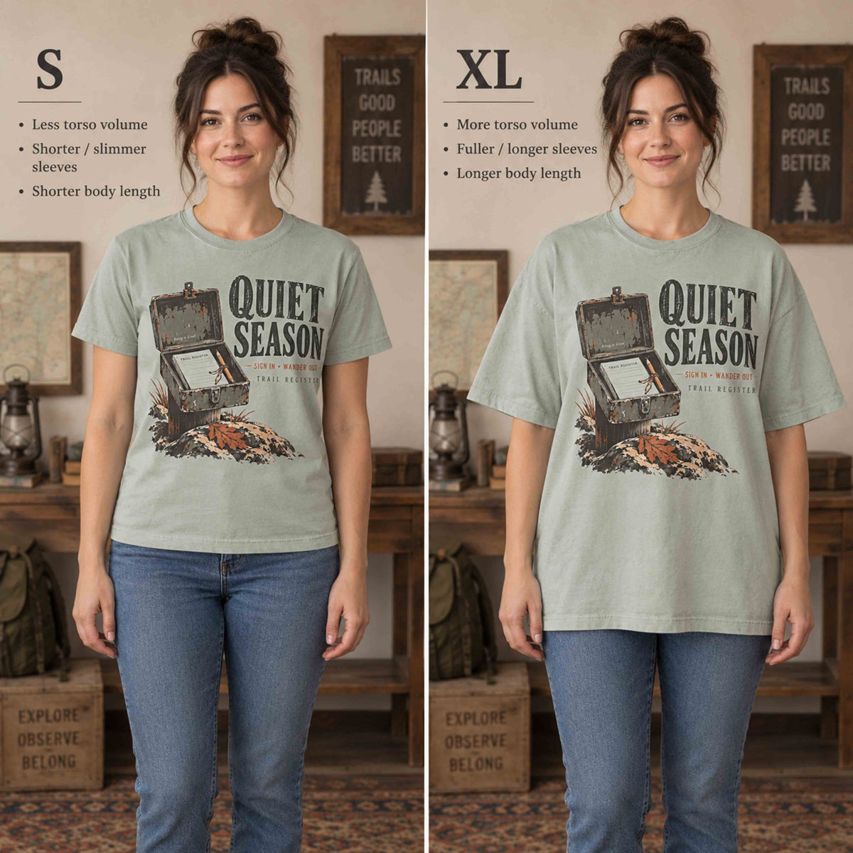 Quiet Season Trail Register graphic tee fit comparison showing Small and XL