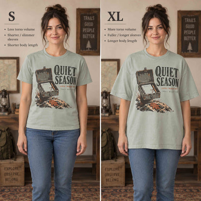 Quiet Season Trail Register graphic tee fit comparison showing Small and XL
