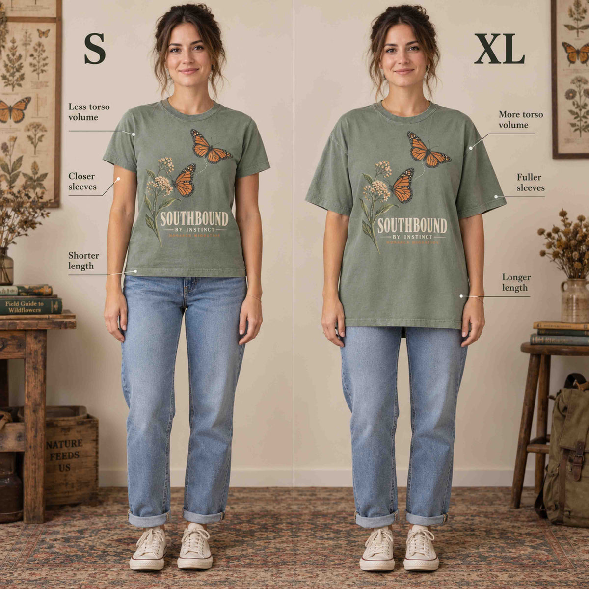Same woman wearing the Moss Southbound by Instinct monarch butterfly T-shirt in Small and XL for an illustrative fit comparison.