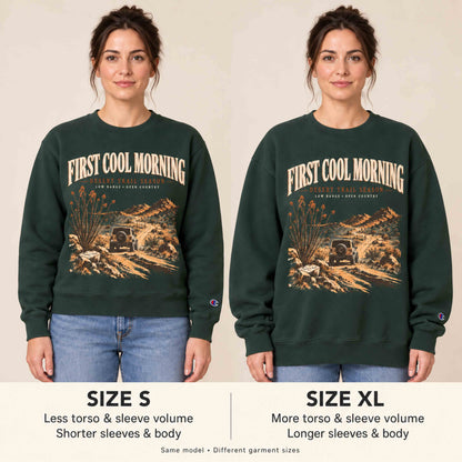 First Cool Morning Champion sweatshirt fit comparison showing size Small and XL