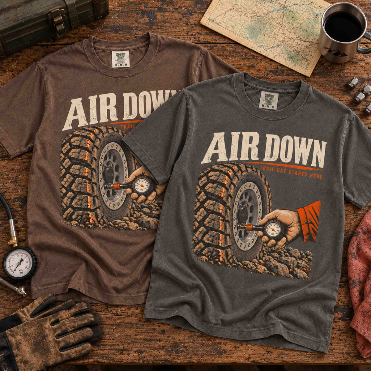 Air Down graphic tees by Being is Good in Espresso and Pepper, overlapping flat lay