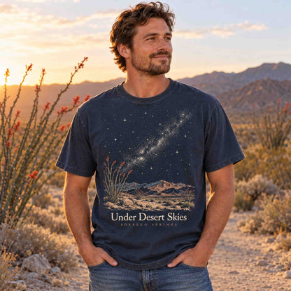Man wearing a Navy Under Desert Skies Borrego Springs graphic T-shirt among flowering ocotillos and desert mountains.
