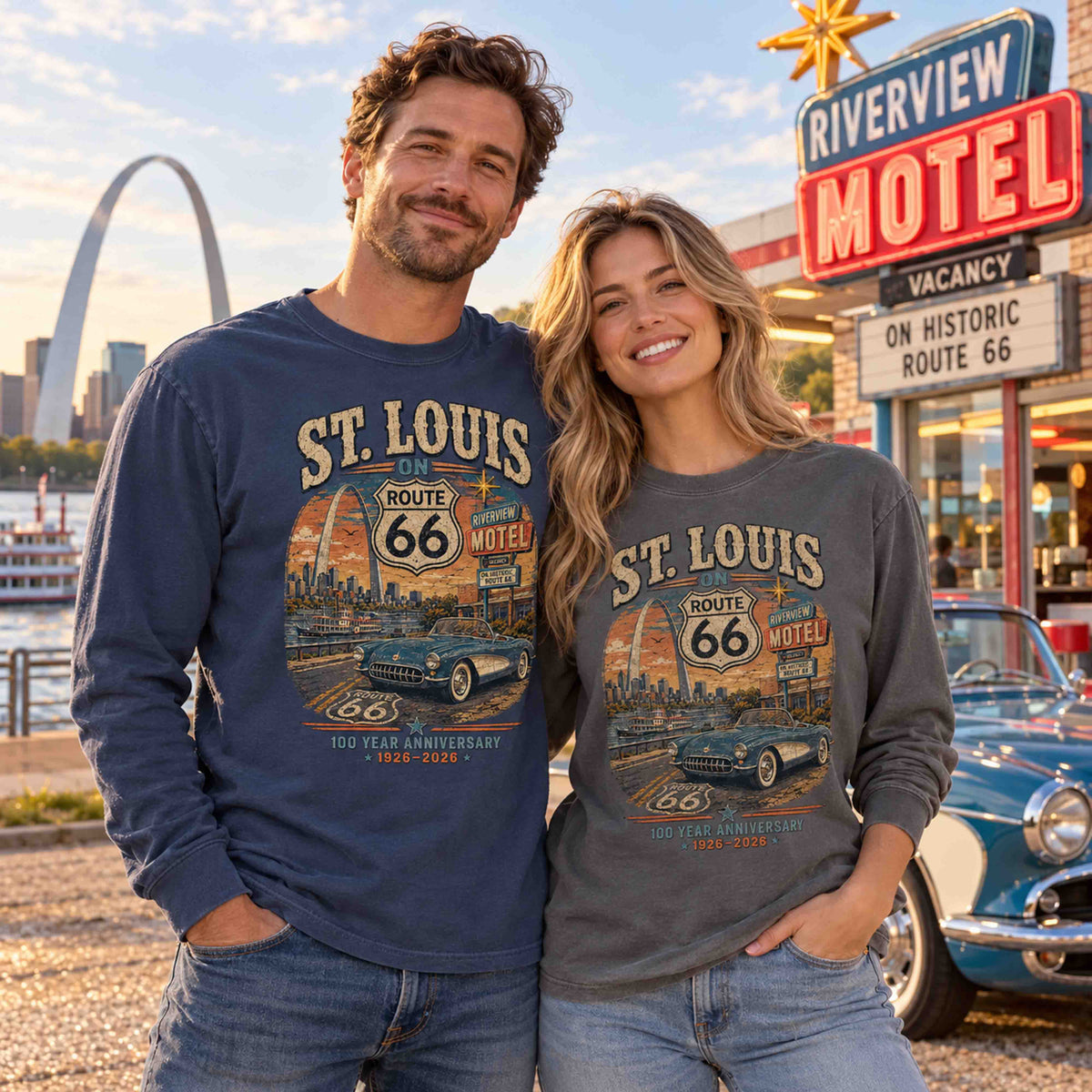 Man in Navy and woman in Pepper wearing St. Louis Route 66 long sleeve tees with Gateway Arch, classic convertible and centennial graphics.
