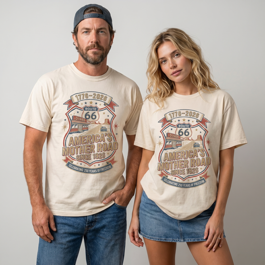 Vintage Route 66 America’s Mother Road graphic t-shirt featuring patriotic retro diner artwork and 250 years of freedom Americana design on Comfort Colors tee