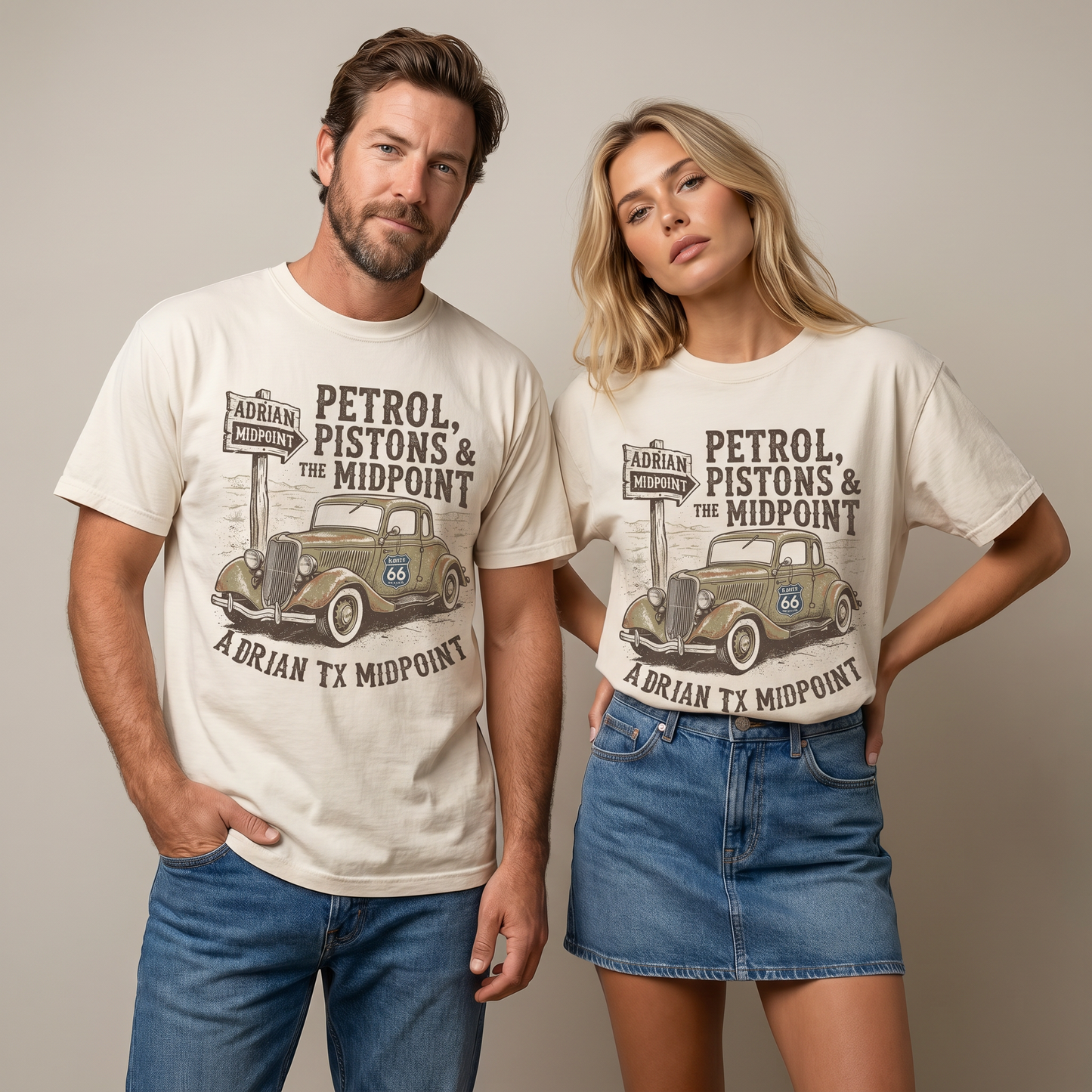 Vintage Route 66 graphic t-shirt featuring classic car illustration with Adrian Texas midpoint sign and retro typography.
