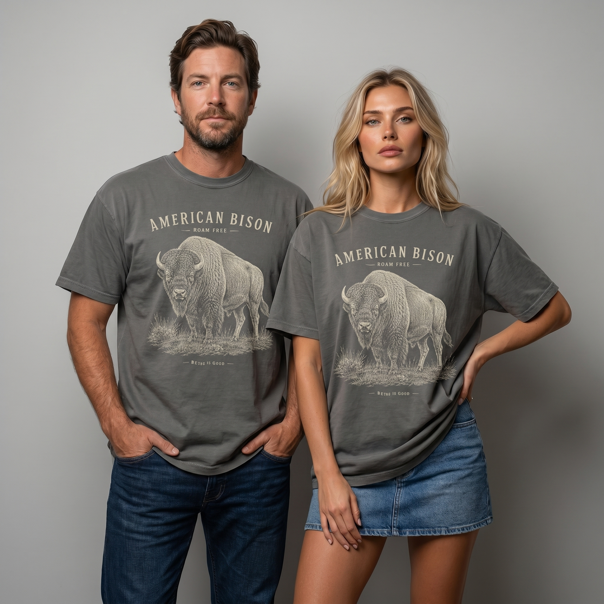 Unisex American Bison Roam Free graphic tee featuring a vintage hand-drawn bison illustration on garment-dyed shirts.