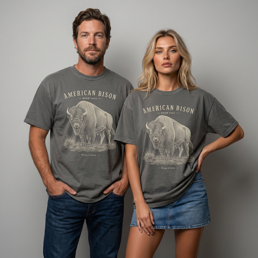 Unisex American Bison Roam Free graphic tee featuring a vintage hand-drawn bison illustration on garment-dyed shirts.