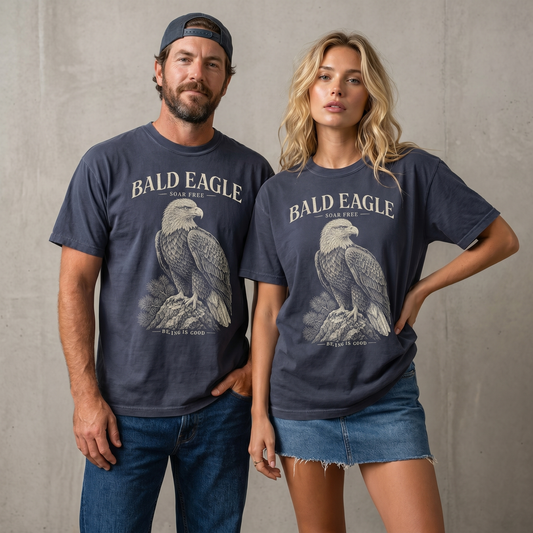Bald Eagle Soar Free graphic tee featuring a vintage hand-drawn eagle illustration on a relaxed unisex shirt.