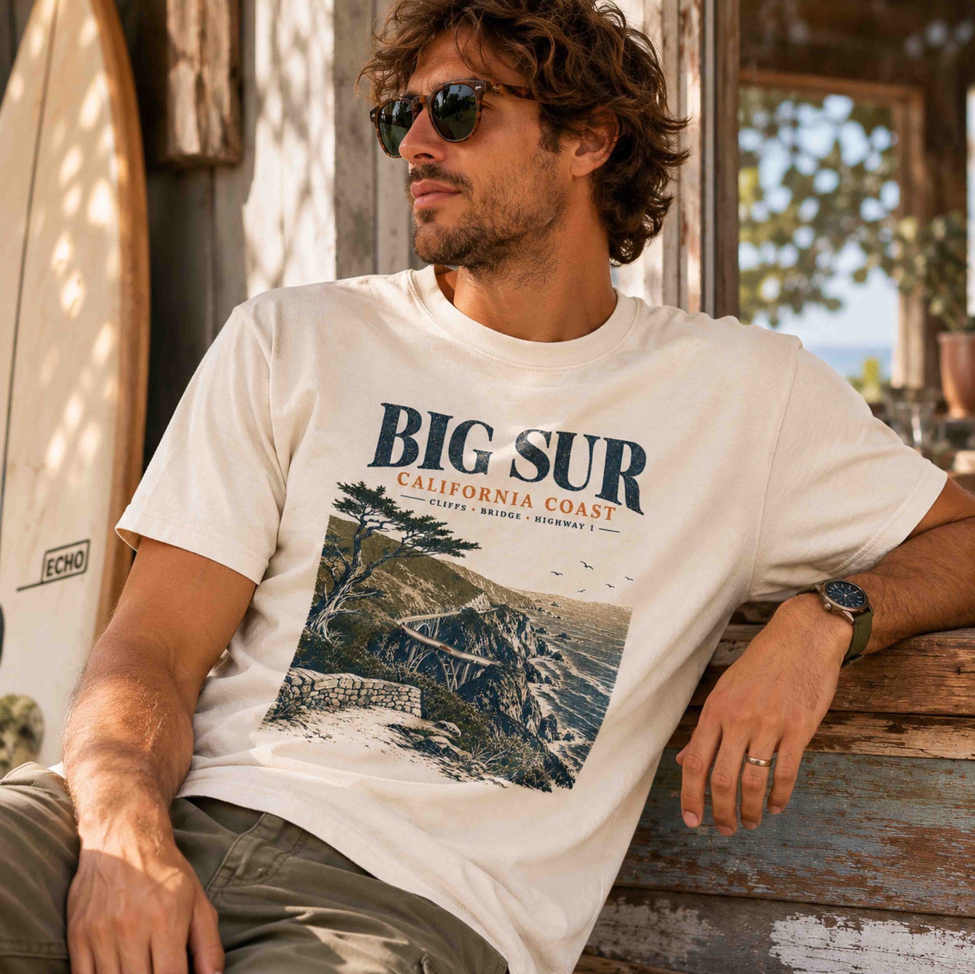 Premium editorial lifestyle image of Big Sur California Coast t-shirt