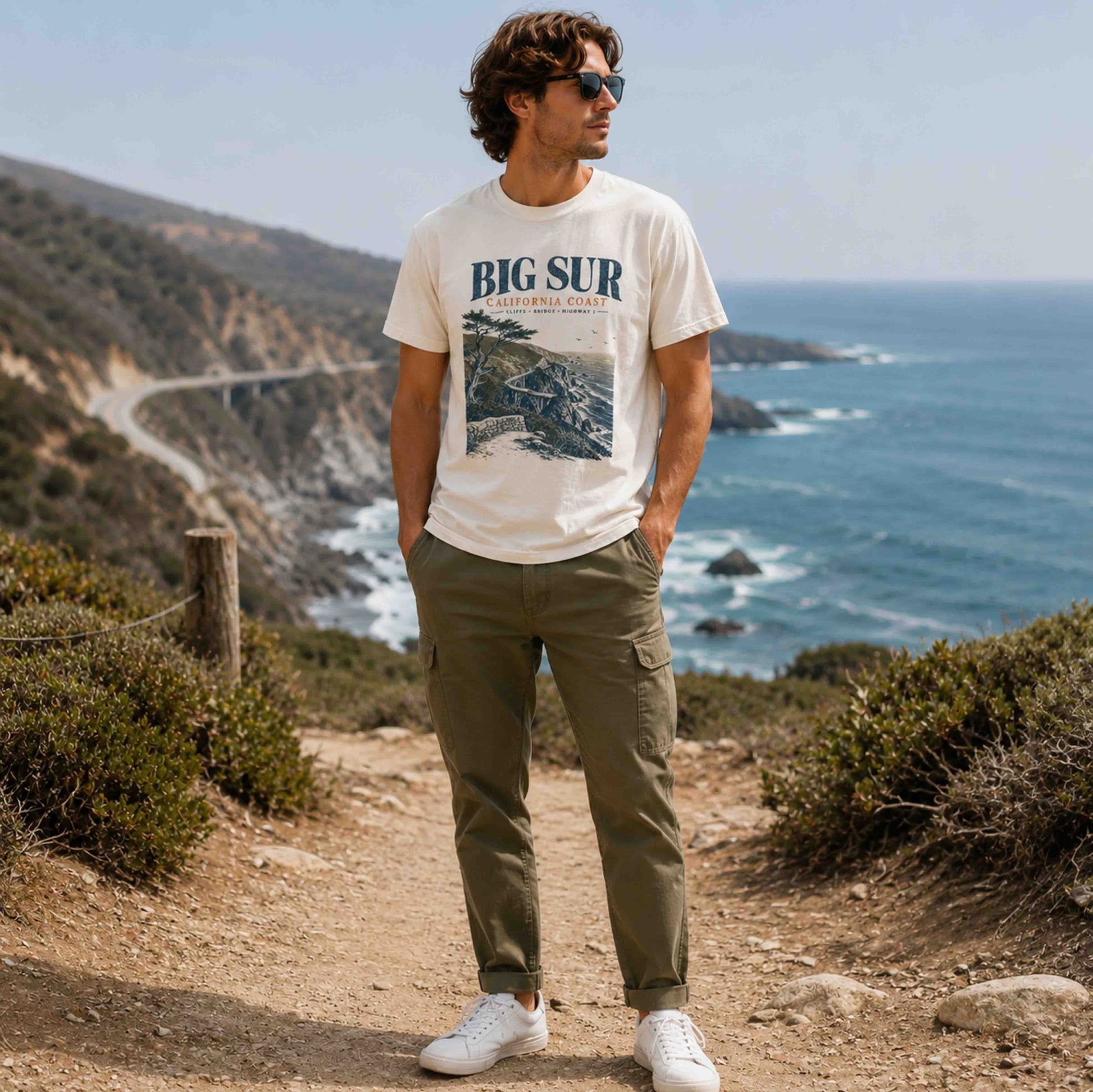 Men's Big Sur California Coast graphic tee styled with olive pants on a coastal trail