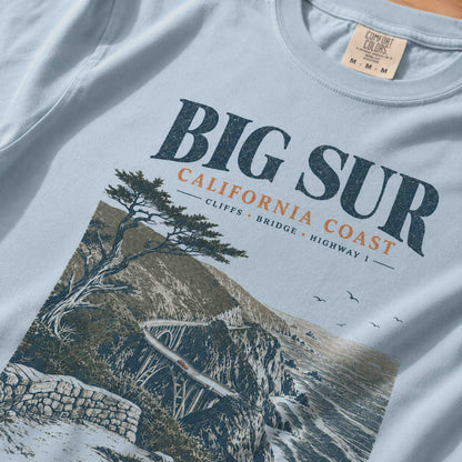 Close-up of Big Sur California Coast graphic print on Chambray shirt