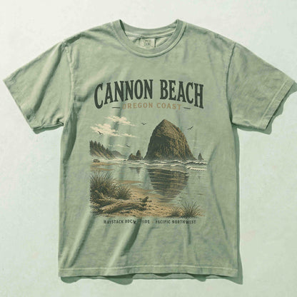 Cannon Beach Oregon Coast graphic t-shirt in Bay featuring Haystack Rock