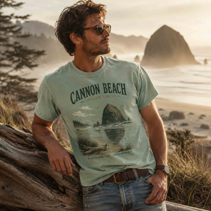 Editorial lifestyle view of a man wearing the Cannon Beach Oregon Coast graphic t-shirt in Bay