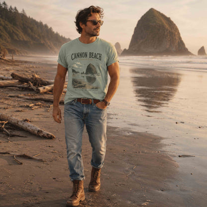 Man wearing Cannon Beach Oregon Coast graphic t-shirt in Bay on the Oregon coast