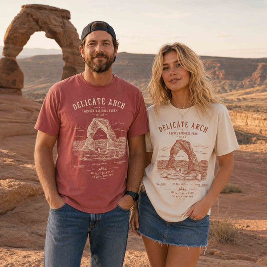 Delicate Arch hiking T-shirts in Crimson and Ivory