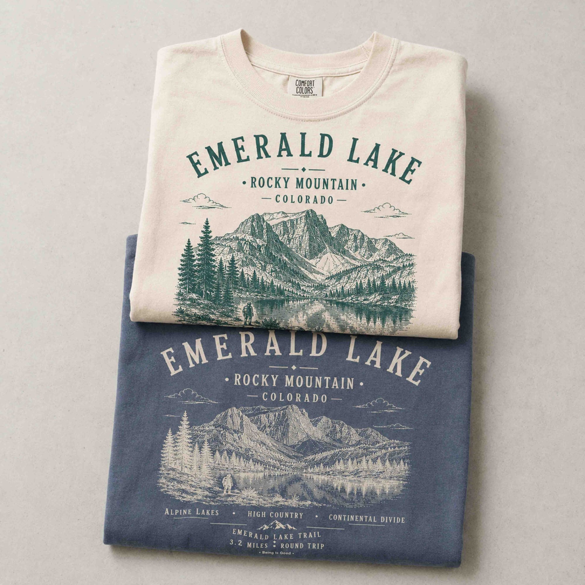 Folded Emerald Lake Rocky Mountain National Park shirts in Blue Jean and Ivory