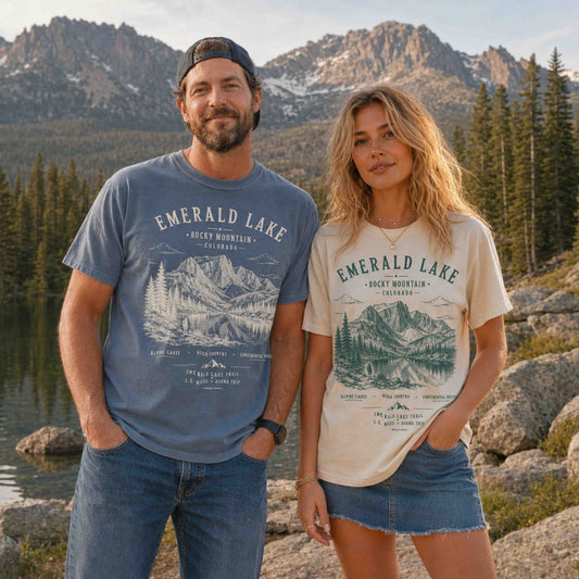 Couple wearing Emerald Lake Rocky Mountain National Park graphic T-shirts