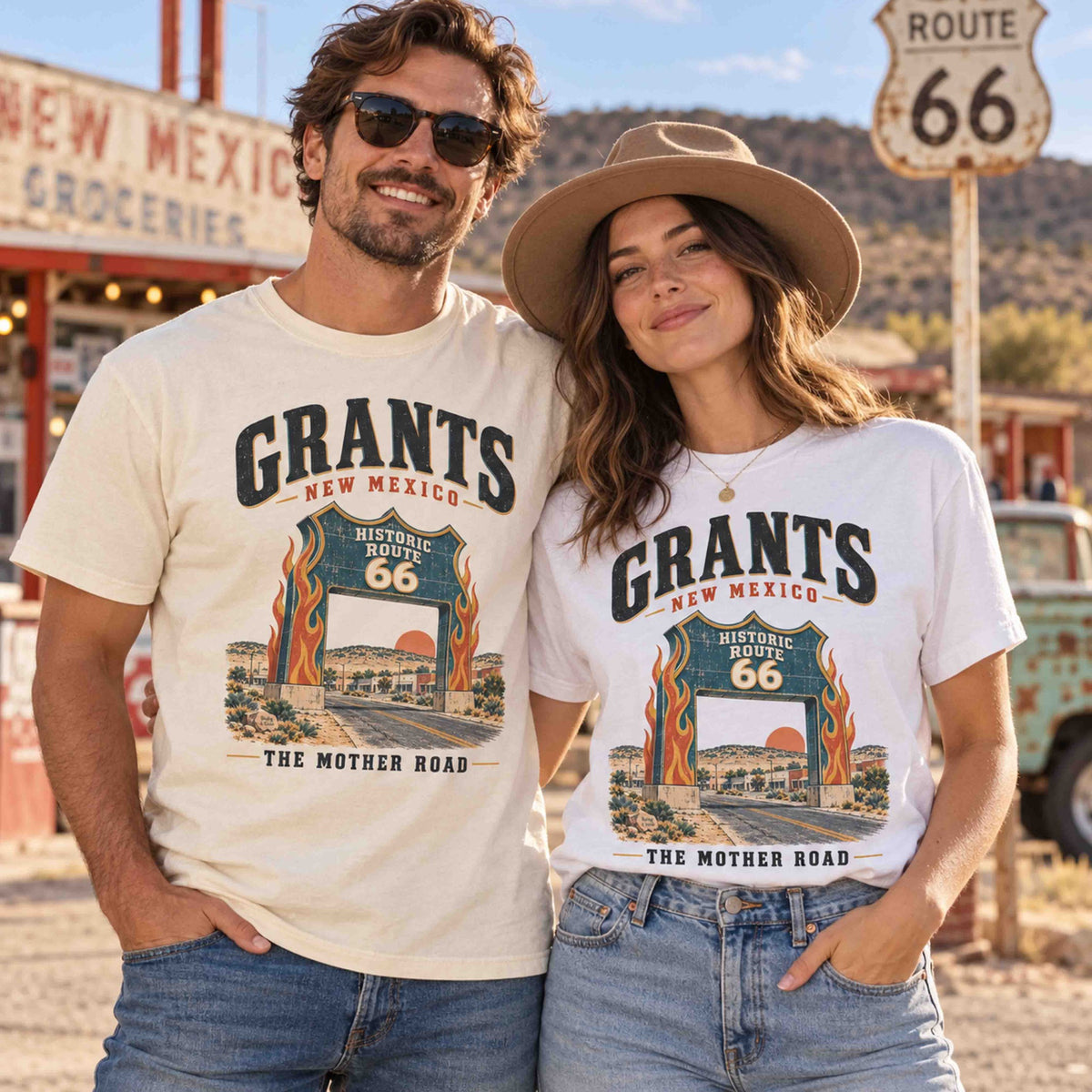 Man and woman wearing Being is Good Grants New Mexico Route 66 tees in Ivory and White