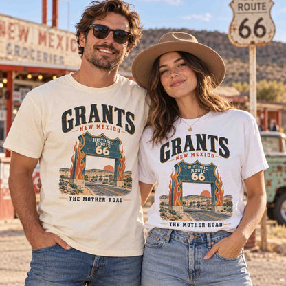 Man and woman wearing Being is Good Grants New Mexico Route 66 tees in Ivory and White