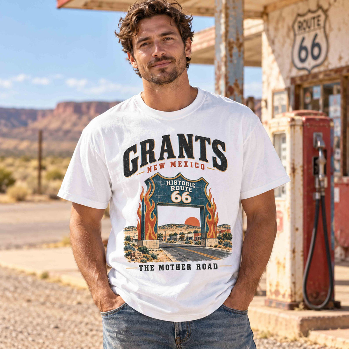 Man wearing the White Grants New Mexico Route 66 graphic tee