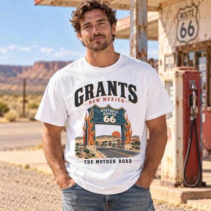 Man wearing the White Grants New Mexico Route 66 graphic tee