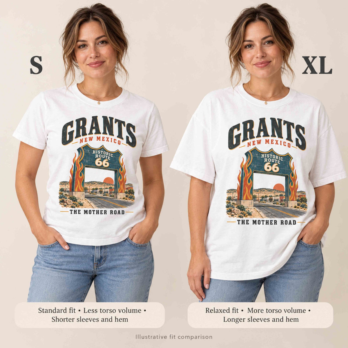 Illustrative comparison of the White Grants tee in sizes S and XL on the same woman