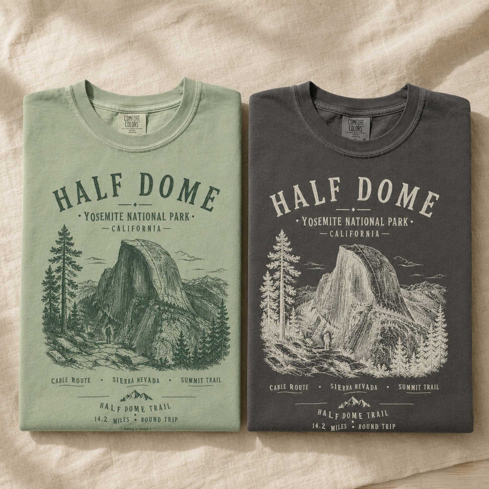 Half Dome Bay and Pepper Comfort Colors t-shirts folded