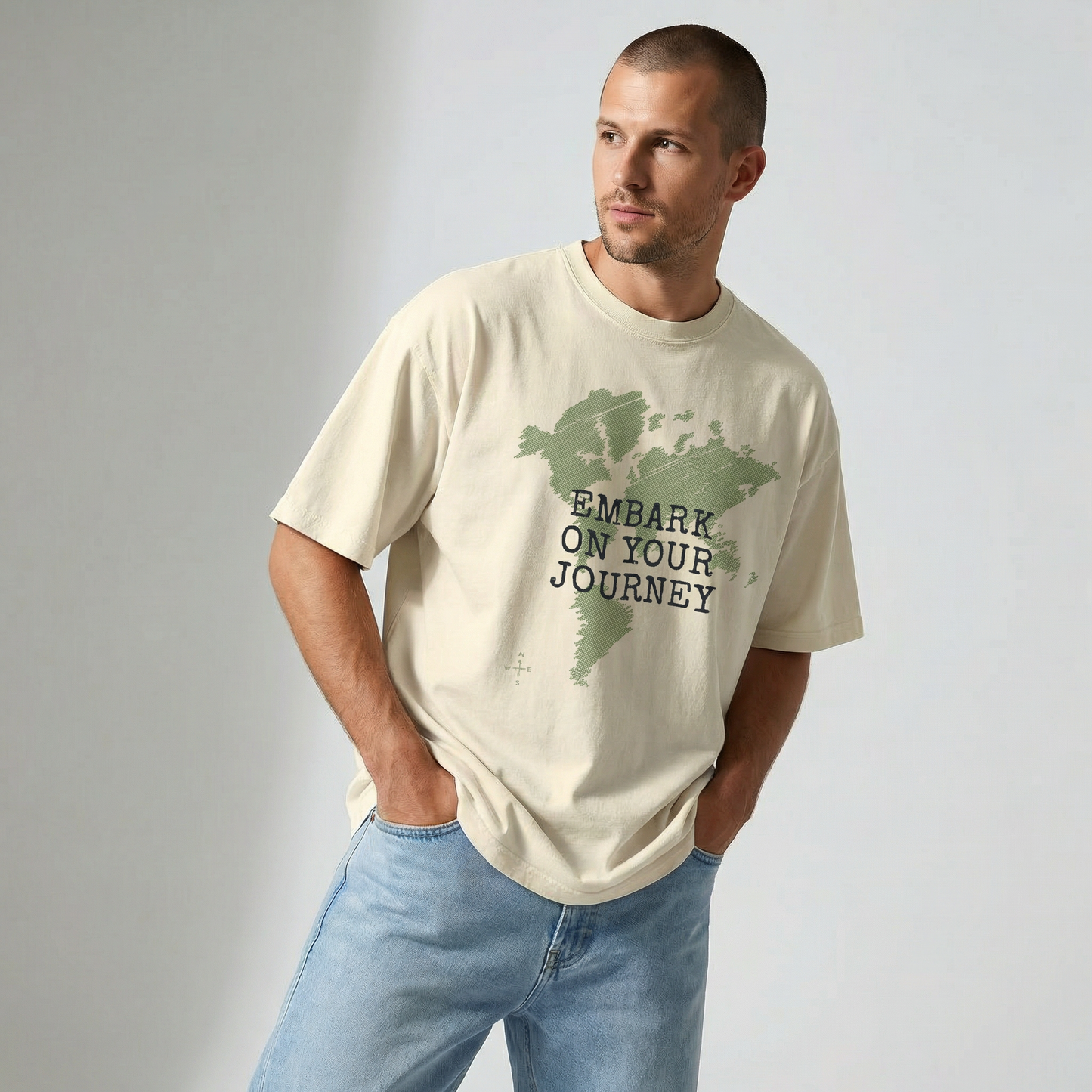 Man looking thoughtfully off-camera with his hand in his pocket, wearing a relaxed-fit cream t-shirt with a vintage green map graphic reading "Embark On Your Journey".