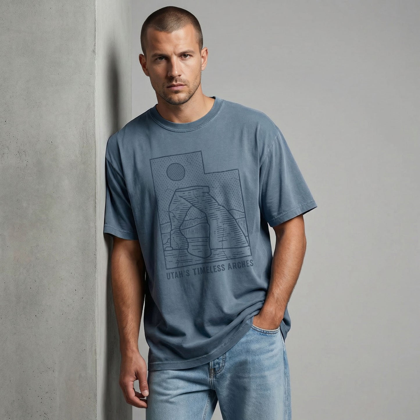 Man standing and looking forward, modeling a relaxed-fit blue Utah arches graphic tee and light blue jeans.
