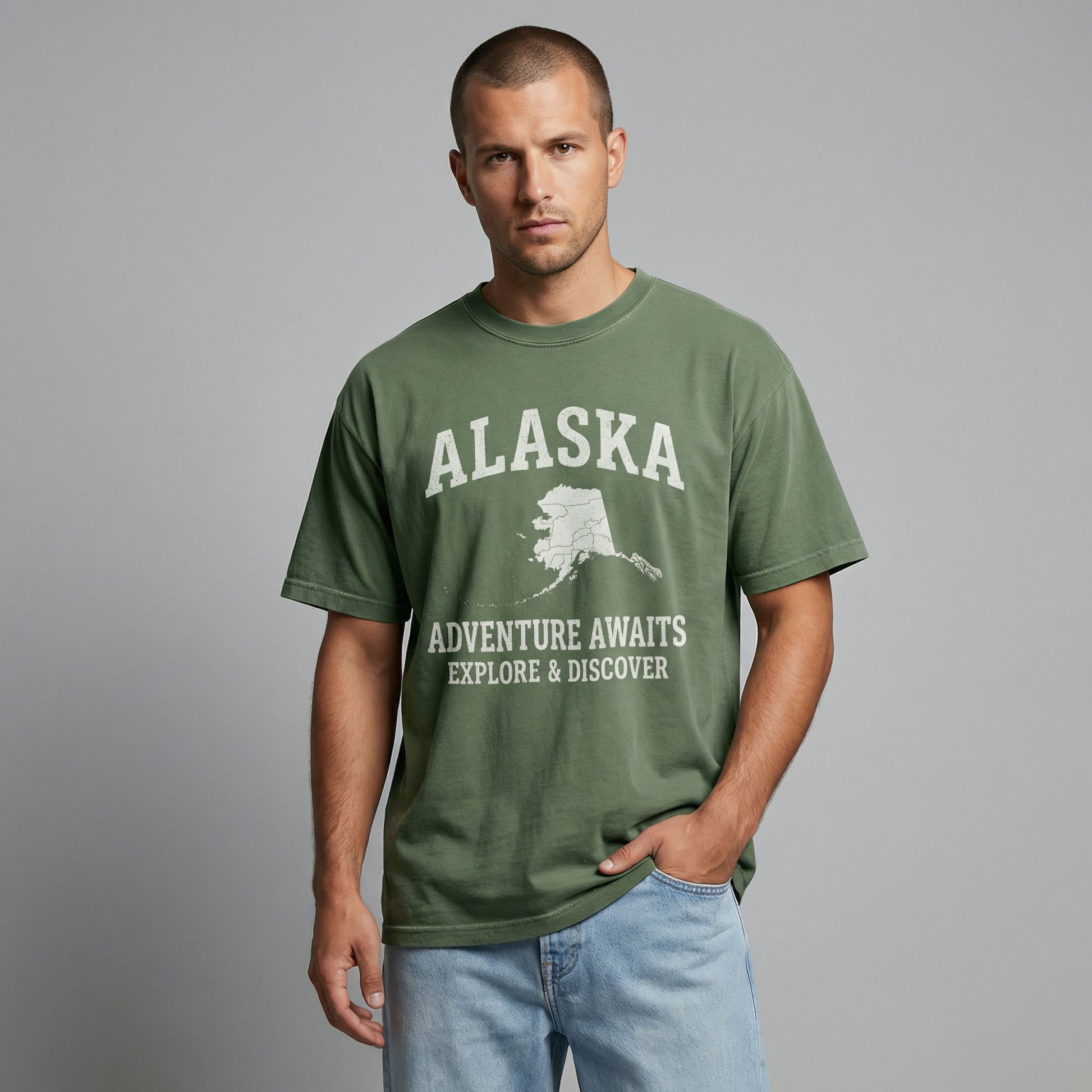 Man wearing a relaxed-fit olive green t-shirt with a vintage white Alaska graphic, paired with light blue jeans.