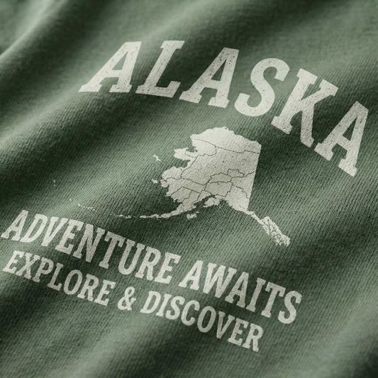 Close-up of a minimal-vintage graphic on green fabric, featuring the state of Alaska and text reading "Alaska", "Adventure Awaits", and "Explore & Discover".