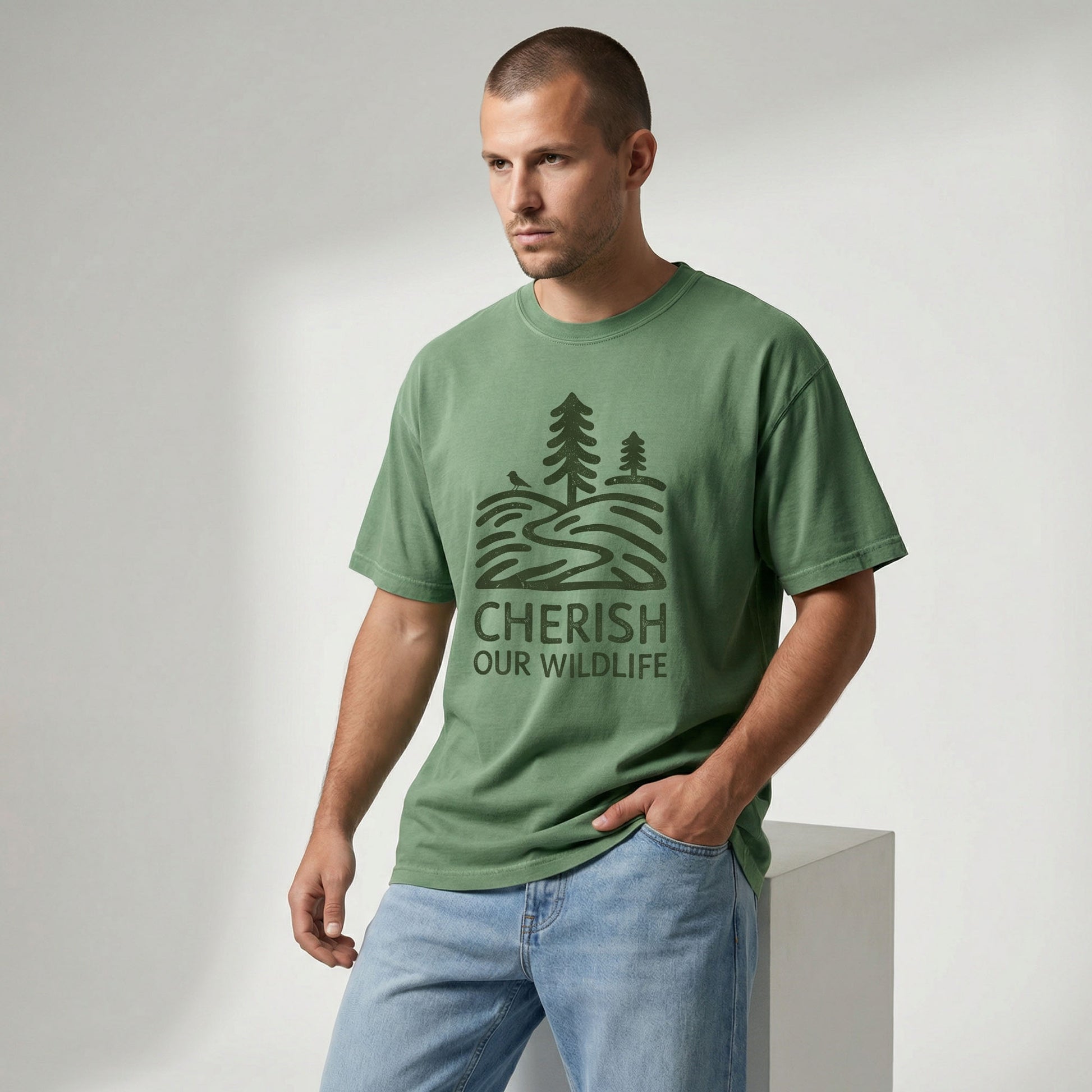 Front view of a man looking slightly down, modeling a green outdoor lifestyle t-shirt with a vintage nature graphic.