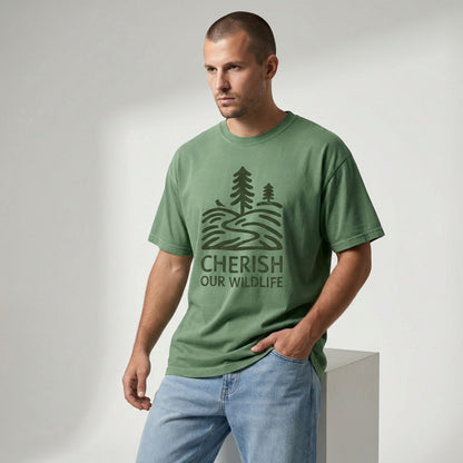 Front view of a man looking slightly down, modeling a green outdoor lifestyle t-shirt with a vintage nature graphic.