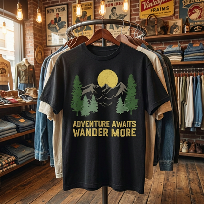 Black "Adventure Awaits Wander More" graphic t-shirt hanging on a wooden hanger in a rustic room setting.
