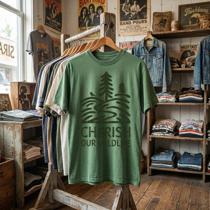 Green "Cherish Our Wildlife" graphic t-shirt hanging on a wooden hanger in a cozy, rustic room setting.